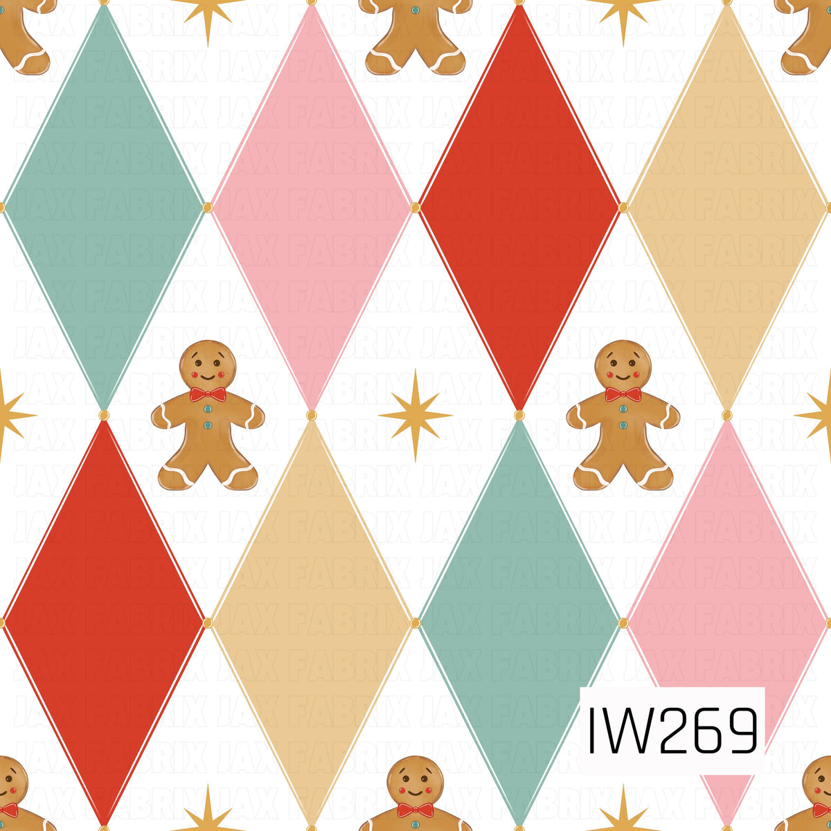 A playful retro Christmas argyle pattern featuring oversized diamonds in dusty teal, soft pink, vibrant red, and warm golden yellow. Adorable smiling gingerbread men with red bow ties, teal buttons, and white icing details are scattered between the diamonds, alongside golden starbursts. The crisp white background and vintage-inspired color palette create a cheerful, nostalgic holiday feel.