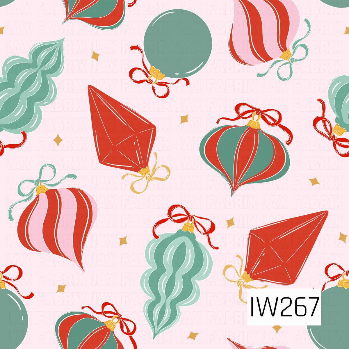 A whimsical retro-inspired Christmas ornament pattern featuring vintage-style ornaments in festive red, dusty teal, mint green, and soft pink. The assortment includes elegant teardrop shapes, striped ornaments, round baubles, and sculpted glass designs, each accented with delicate ribbon bows and golden caps. Tiny golden starbursts are scattered throughout the soft blush pink background, creating a playful and nostalgic holiday feel.