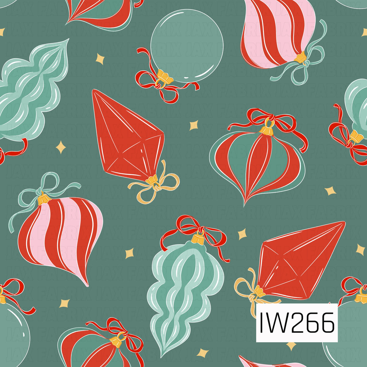 A whimsical retro-inspired Christmas ornament pattern featuring an assortment of vintage glass ornaments in vibrant red, soft blush pink, and mint green. The ornaments include elegant teardrop shapes, striped designs, and unique sculpted silhouettes, each accented with delicate ribbon bows and golden caps. Scattered golden starbursts add a festive touch against the muted sage green background.