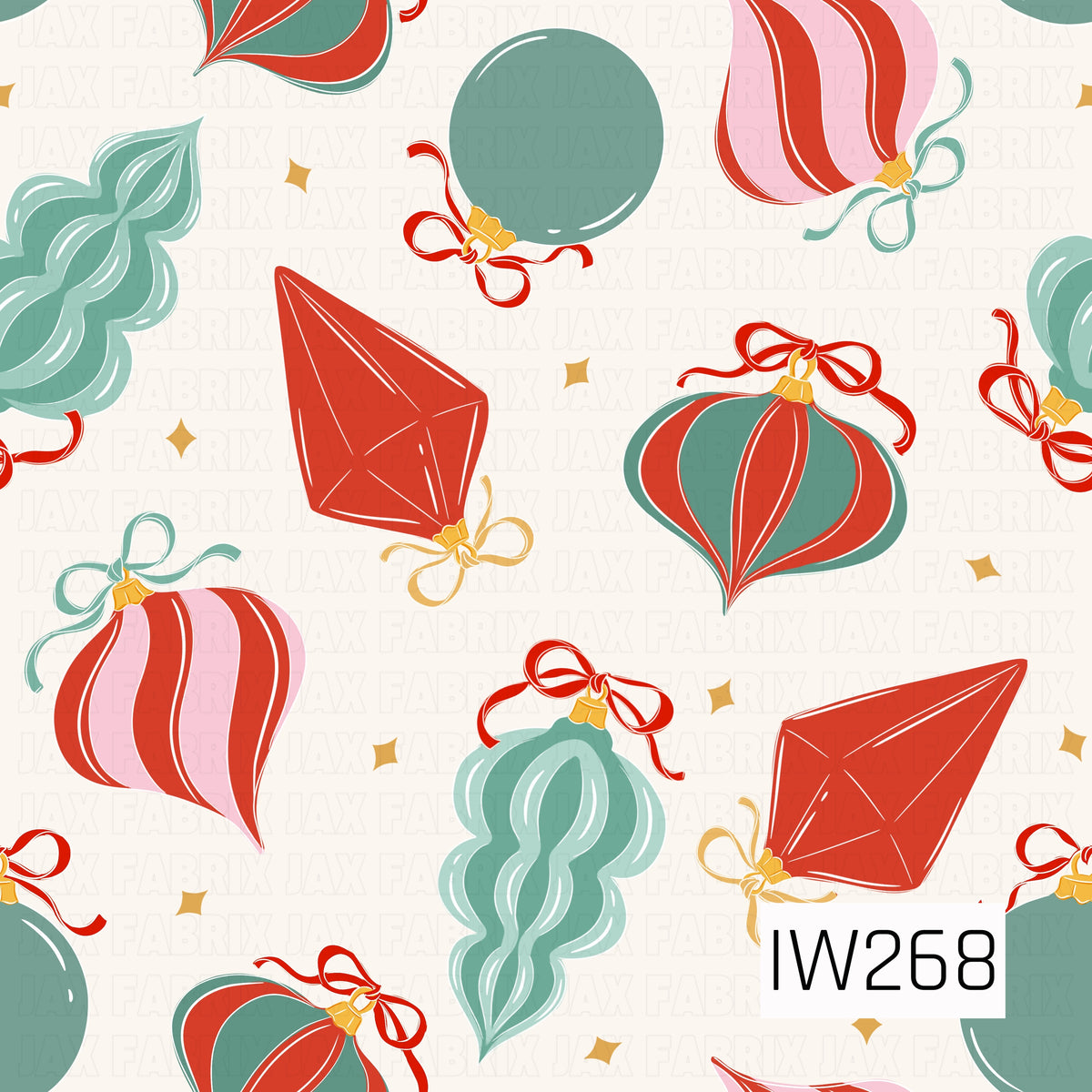 A whimsical retro-inspired Christmas pattern featuring vintage glass ornaments in festive red, dusty teal, mint green, and soft pink. The playful assortment includes striped teardrop ornaments, round baubles, elongated finial shapes, and delicate twisted glass designs, all adorned with dainty ribbon bows and golden accents. Tiny gold starbursts are scattered throughout the warm ivory background, creating a charming, nostalgic holiday feel.