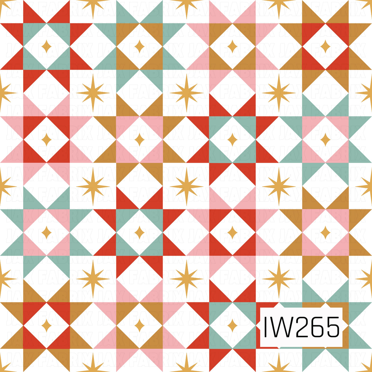 A colorful retro-inspired patchwork pattern featuring geometric star quilt blocks in vibrant red, muted sage green, soft blush pink, and warm golden caramel. Alternating triangles form bold eight-point stars and white diamond centers, accented with delicate golden twinkles and starbursts. The repeating design creates a playful, vintage-inspired look with a festive holiday feel.