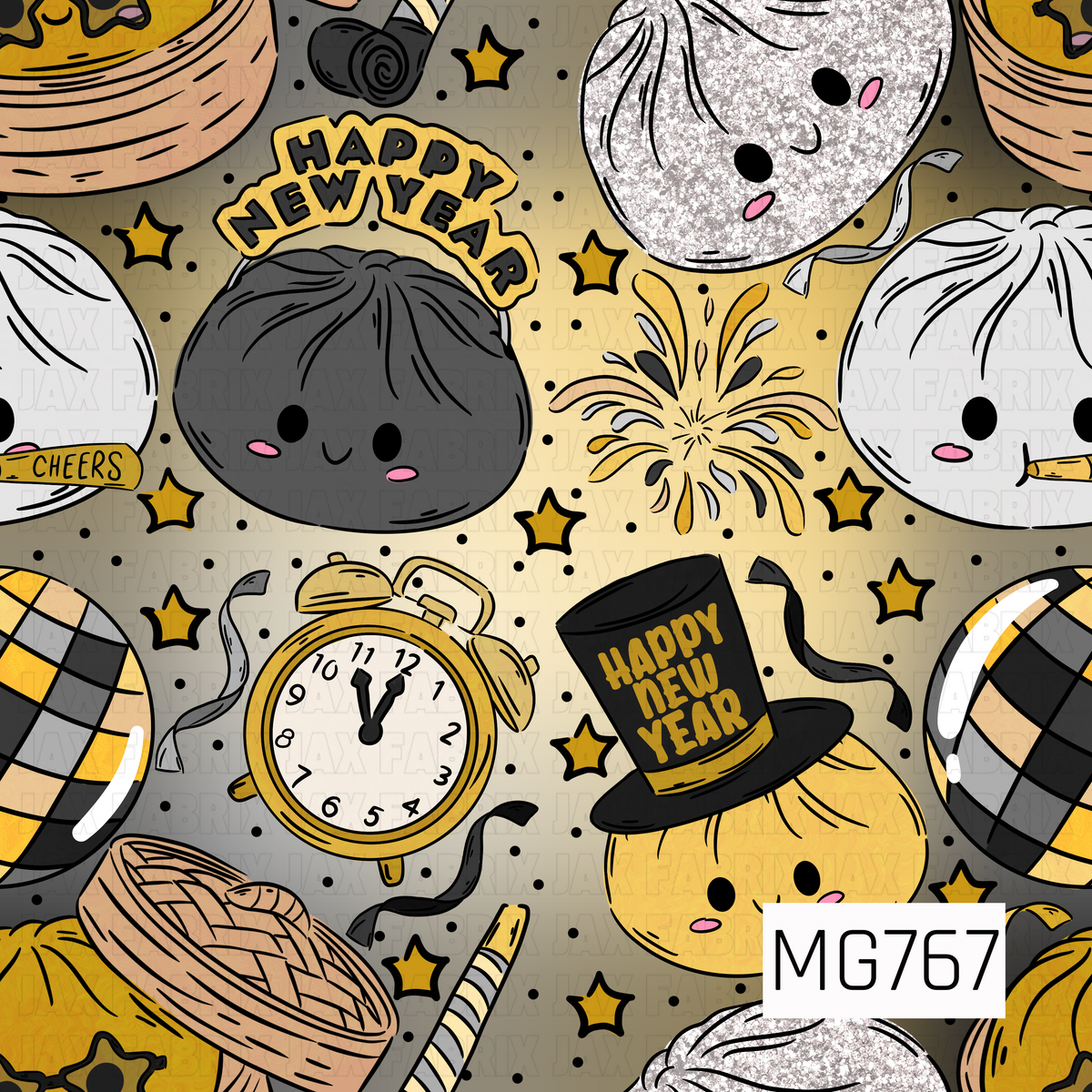 A playful New Year's celebration pattern featuring adorable smiling dumpling characters in shades of black, gold, white, and glittery silver. Festive details include Happy New Year party hats, gold clocks striking midnight, disco balls, fireworks, curling streamers, and scattered golden stars. Bold black outlines and rosy pink cheeks add a whimsical touch, while the shimmering gold center fades into dark charcoal gray edges for a festive, dramatic look.
