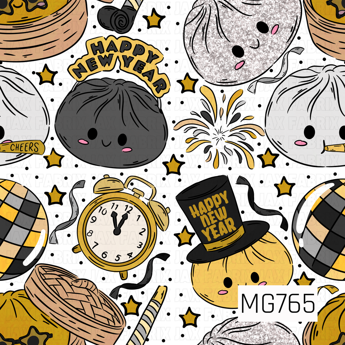 A playful New Year's celebration pattern featuring adorable smiling dumpling characters in shades of black, gold, white, and champagne. The festive design includes dumplings wearing party hats, glittery accents, gold alarm clocks striking midnight, disco balls, fireworks, streamers, and sparkling stars. Bold black outlines, rosy pink cheeks, and a bright white background give this whimsical print a fun, cheerful feel.