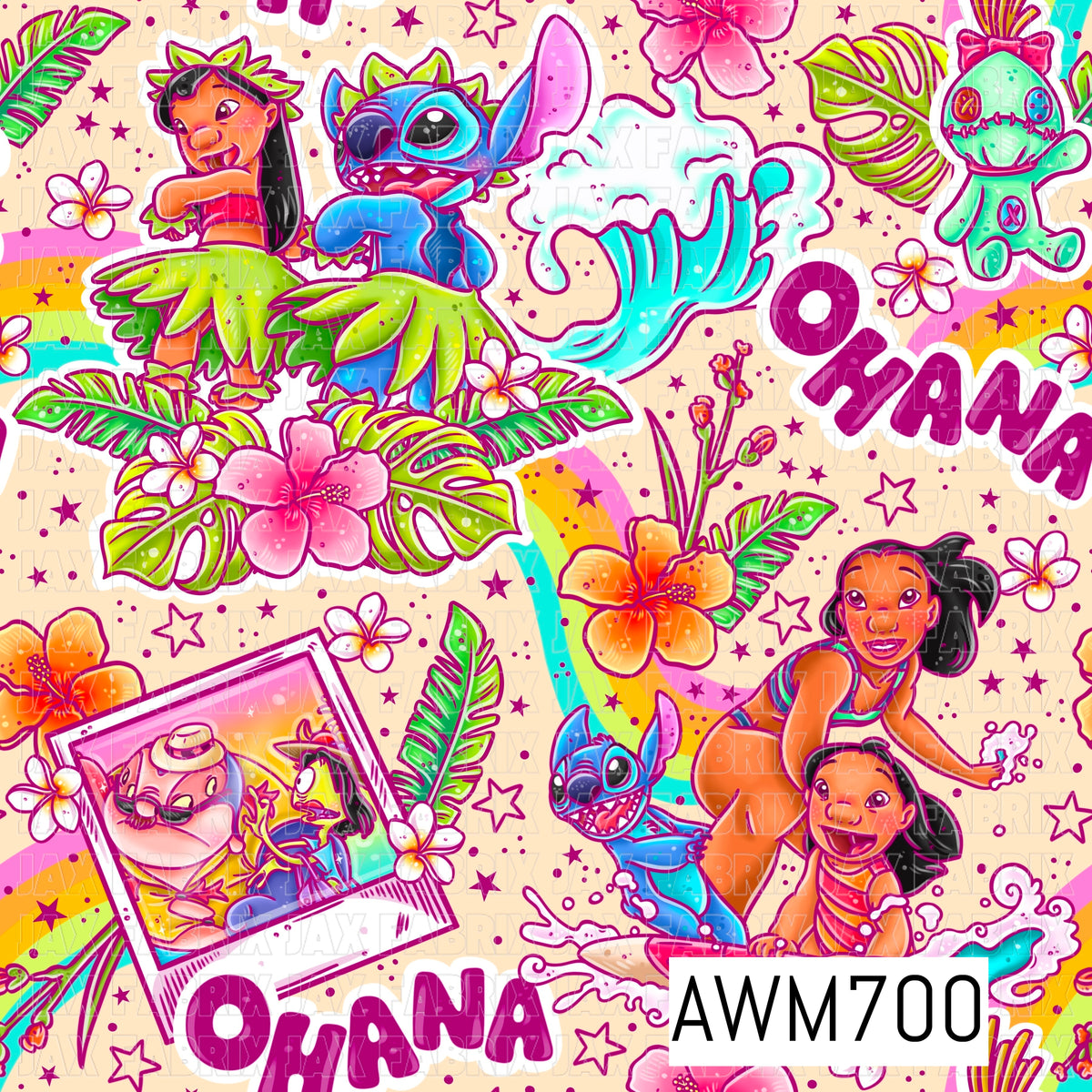A vibrant tropical seamless design featuring island-inspired characters, a playful blue alien, palm leaves, hibiscus and plumeria flowers, ocean waves, rainbows, and “Ohana” lettering. Bright pink, turquoise, lime green, orange, and purple pop against a soft creamy beige background.
