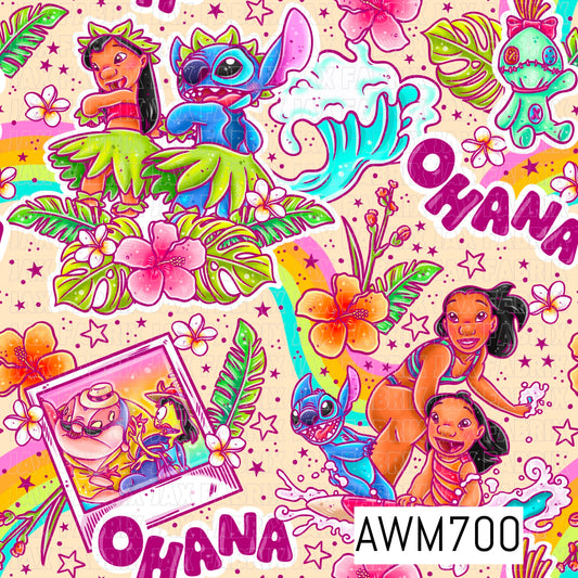 A vibrant tropical seamless design featuring island-inspired characters, a playful blue alien, palm leaves, hibiscus and plumeria flowers, ocean waves, rainbows, and “Ohana” lettering. Bright pink, turquoise, lime green, orange, and purple pop against a soft creamy beige background.