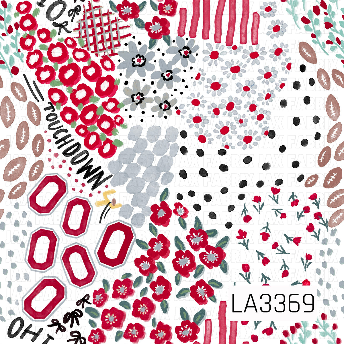 A playful Ohio-inspired game day print featuring bold red, black, soft gray, and white with touches of muted green. Hand-painted florals, bows, footballs, scattered dots, abstract brushstrokes, and sketchy grid accents are mixed with “Ohio” and “Touchdown” lettering and collegiate-style O shapes for a fun floral football design.
