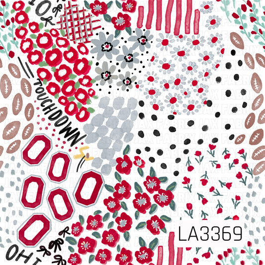 A playful Ohio-inspired game day print featuring bold red, black, soft gray, and white with touches of muted green. Hand-painted florals, bows, footballs, scattered dots, abstract brushstrokes, and sketchy grid accents are mixed with “Ohio” and “Touchdown” lettering and collegiate-style O shapes for a fun floral football design.
