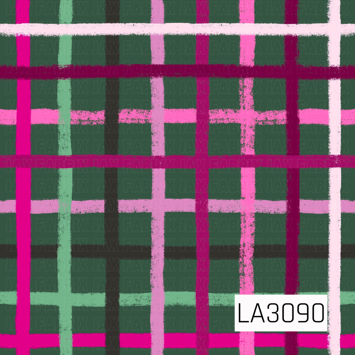 A bold hand-painted plaid featuring a deep forest green background with layered brushstroke stripes in vibrant pink, berry, blush, mint green, and dark charcoal. The textured, slightly imperfect lines give the classic plaid design a playful, artistic feel with a rich and colorful palette.
