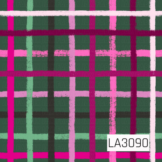 A bold hand-painted plaid featuring a deep forest green background with layered brushstroke stripes in vibrant pink, berry, blush, mint green, and dark charcoal. The textured, slightly imperfect lines give the classic plaid design a playful, artistic feel with a rich and colorful palette.
