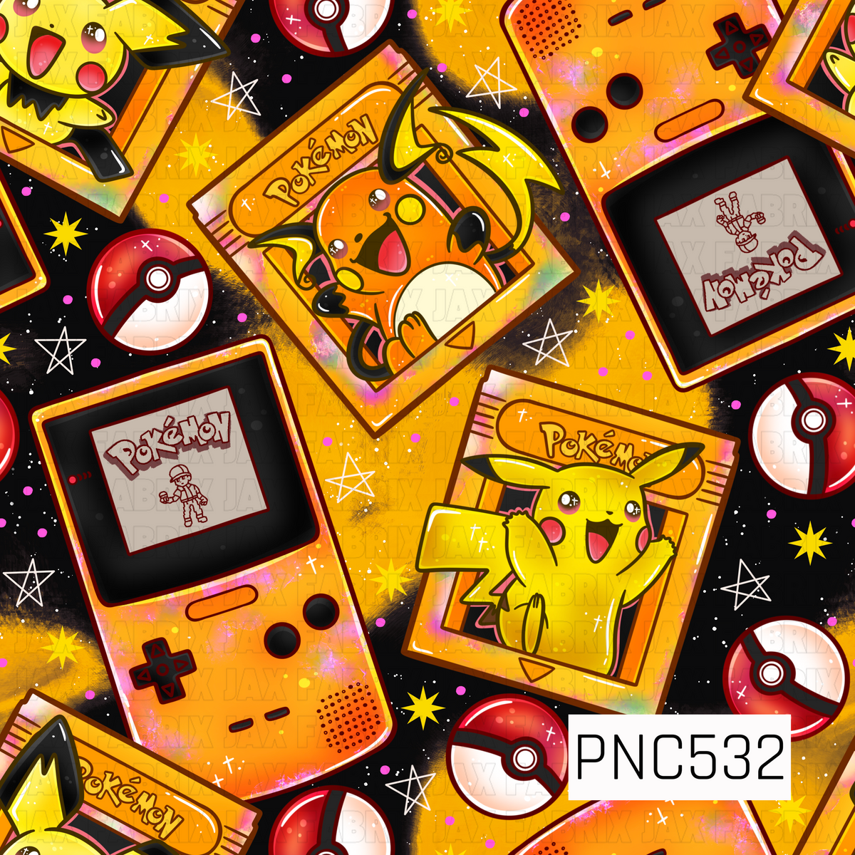 A colorful gamer-inspired pattern packed with nostalgic handheld consoles, collectible card-style graphics, red and white capture balls, and playful electric and fire creatures. Bright golden yellow and orange tones dominate the design, accented with vivid red, hot pink, cream, and touches of neon color. The graphics are layered at different angles over a distressed black and golden background, with hand-drawn stars, colorful dots, paint splatters, sparkles, and grungy textures filling the spaces between. T