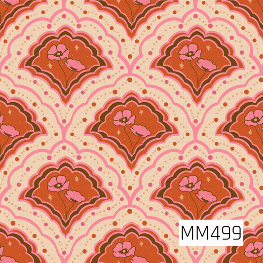 A retro floral scallop pattern featuring repeating layered fan-shaped arches in warm, vibrant tones. Each motif has a rich burnt orange center framed by curved layers of deep chocolate brown, coral pink, and bright rosy pink. Delicate hand-drawn pink poppy-style flowers sit inside each orange center, accented with dark brown details, slender stems, and small cream starbursts. The surrounding creamy background is filled with scattered dots and speckles in coral, pink, peach, and soft tan, adding playful text