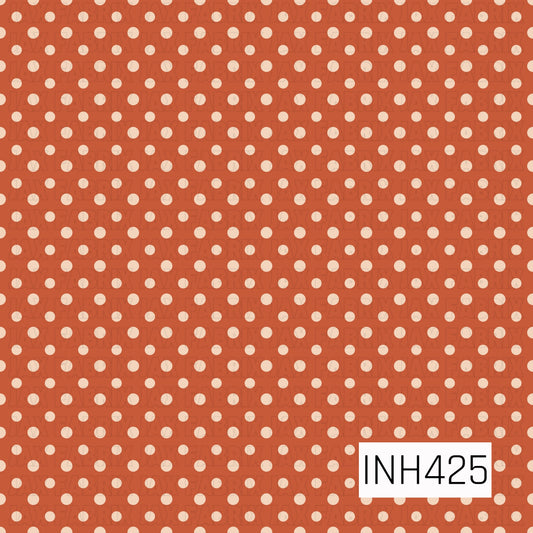 Warm burnt orange background covered in evenly spaced cream polka dots with a subtle hand-drawn, slightly imperfect look.

