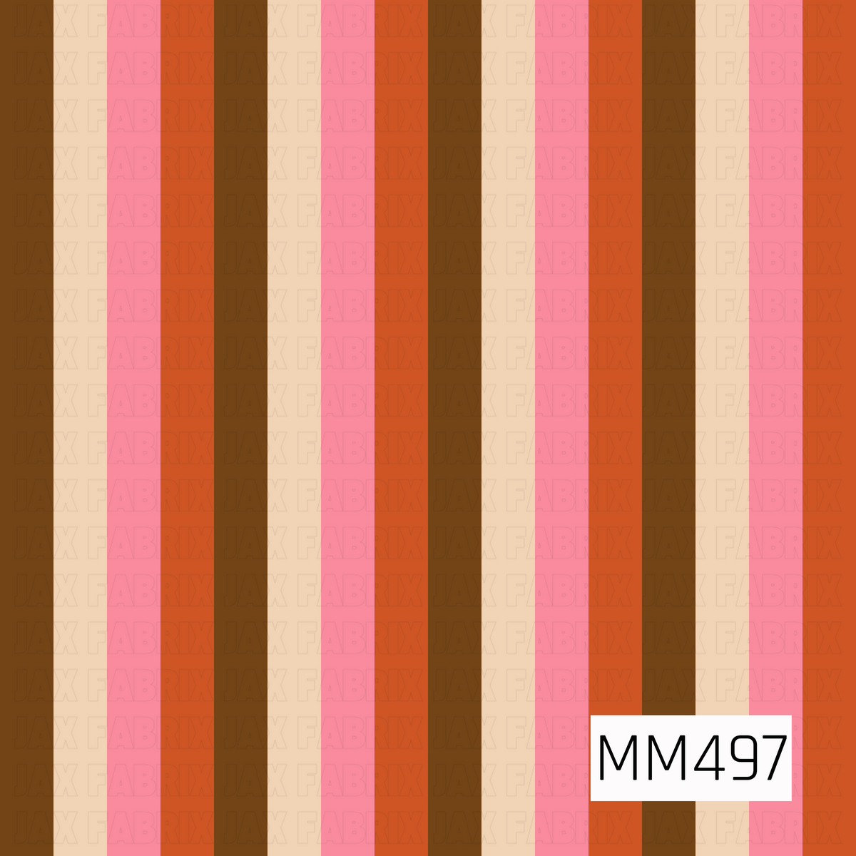 A warm retro-inspired vertical stripe pattern featuring alternating bands of rich chocolate brown, creamy ivory, bubblegum pink, and vibrant burnt orange. The evenly sized stripes repeat in a clean, structured arrangement, creating a bold yet versatile coordinating design. Deep earthy brown and warm orange give the palette a western, autumnal feel, while the bright pink adds a playful feminine pop and the soft cream balances the richer shades. The combination of vintage-inspired colors and simple graphic st