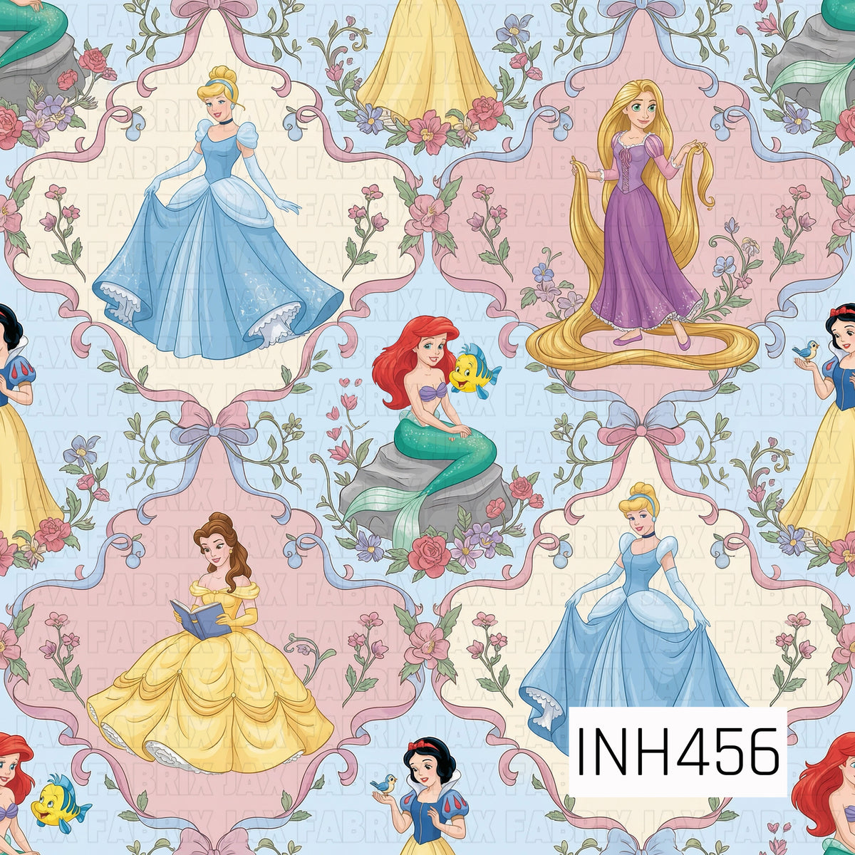 A dreamy princess-inspired pattern featuring Cinderella, Rapunzel, Belle, Ariel, and Snow White in beautifully illustrated storybook scenes. Each princess is framed by delicate scalloped borders adorned with flowing pink ribbon bows, blooming roses, dainty wildflowers, and trailing greenery. Soft pastel shades of blush pink, powder blue, lavender, buttery yellow, and sage green create a romantic, whimsical design with a vintage fairytale feel.