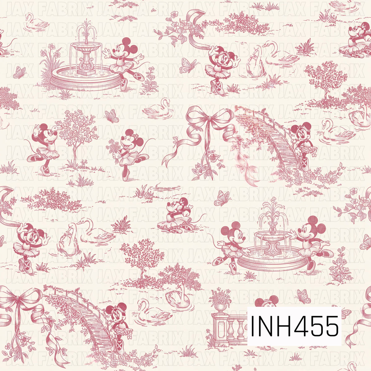 A charming vintage-inspired toile pattern featuring Minnie Mouse enjoying whimsical garden scenes filled with elegant fountains, arched bridges, graceful swans, butterflies, and blooming flowers. Delicate dusty rose pink illustrations are scattered across a soft ivory background, with dainty ribbon bows and intricate botanical details creating a sweet, timeless, storybook feel.