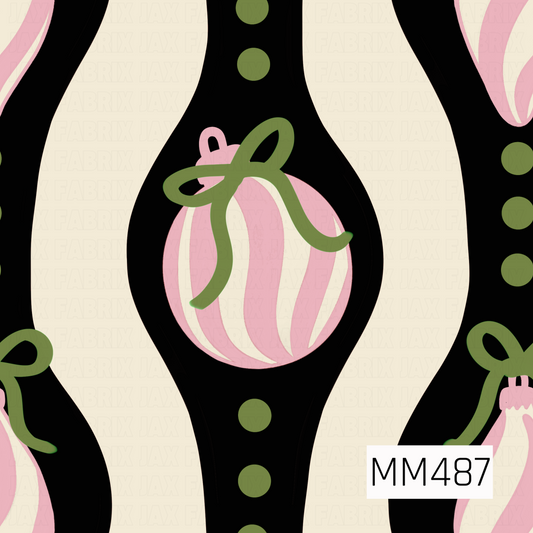 A bold retro holiday pattern featuring dramatic black and cream wavy stripes accented with olive green polka dots. Pink and cream striped ornaments are scattered throughout, finished with oversized olive green bows for a playful, vintage-inspired Christmas look.