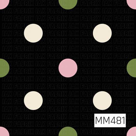 A bold retro polka dot pattern featuring oversized cream, soft pink, and olive green circles scattered across a solid black background. The high contrast and muted accent colors give it a playful vintage-inspired look.
