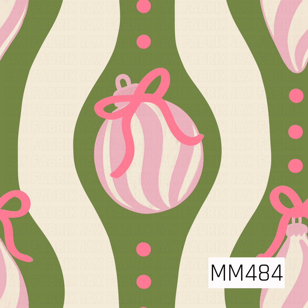 A playful retro holiday pattern featuring flowing olive green and cream wavy stripes accented with bright pink polka dots. Pink and cream striped ornaments are scattered throughout, each topped with an oversized hot pink bow for a fun, whimsical Christmas look.