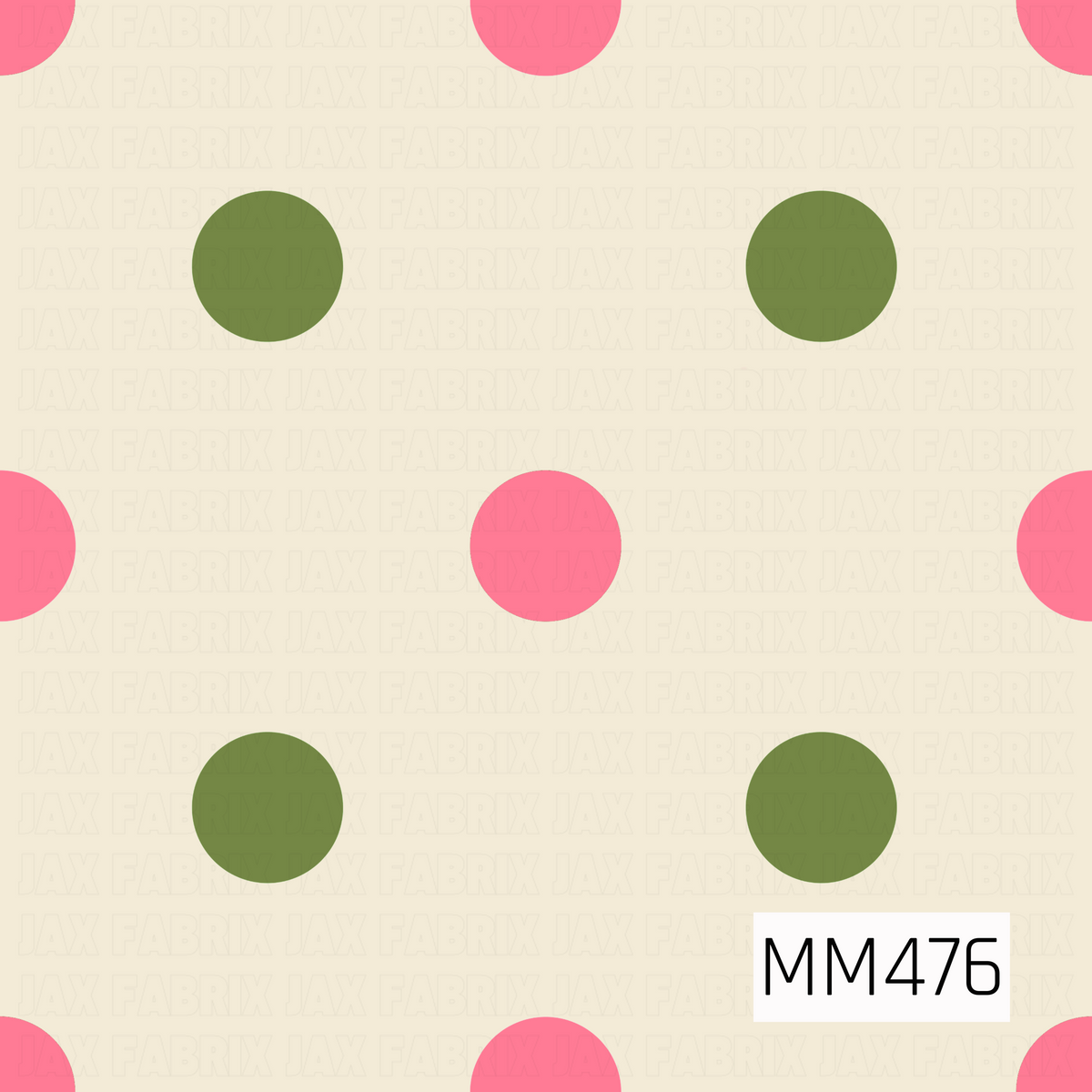 A playful retro polka dot pattern featuring oversized bubblegum pink and olive green circles arranged in an alternating layout across a warm cream background. The simple design and unexpected color combination give it a fun, vintage-inspired feel.