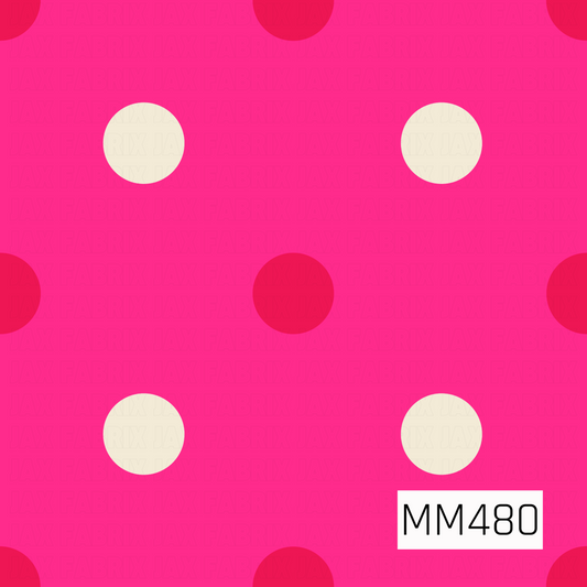 A bright retro polka dot pattern featuring oversized deep pink and warm cream circles arranged in an alternating layout across a vibrant hot pink background. The bold tonal palette and simple repeating design give it a playful, cheerful feel.