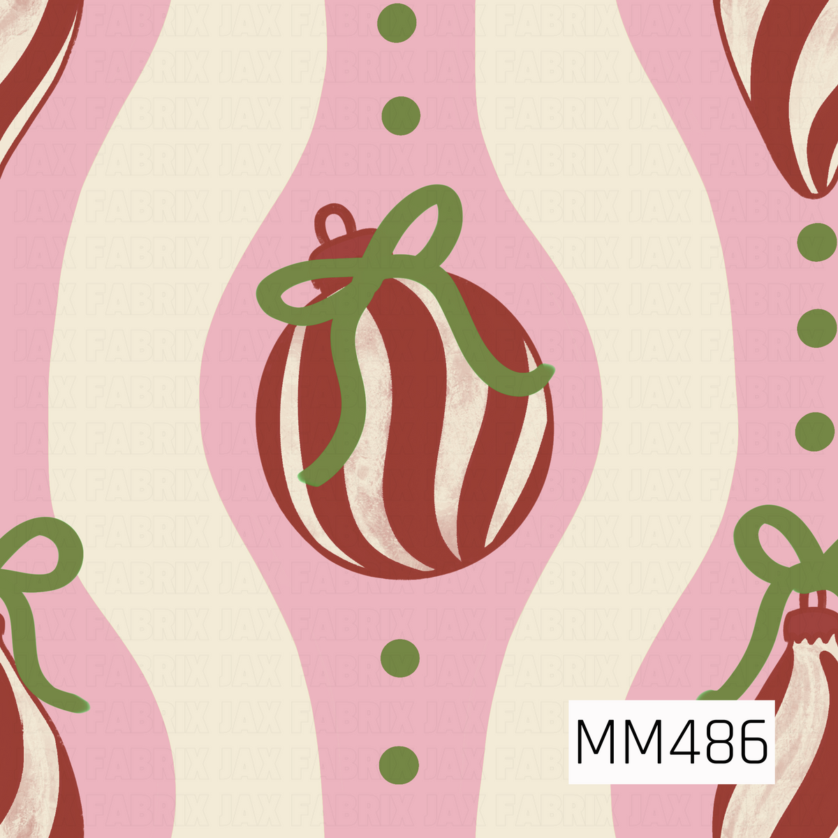 A playful retro holiday pattern featuring flowing blush pink and cream wavy stripes accented with olive green polka dots. Deep red and cream striped ornaments are scattered throughout, each topped with an oversized olive green bow for a whimsical vintage Christmas look.