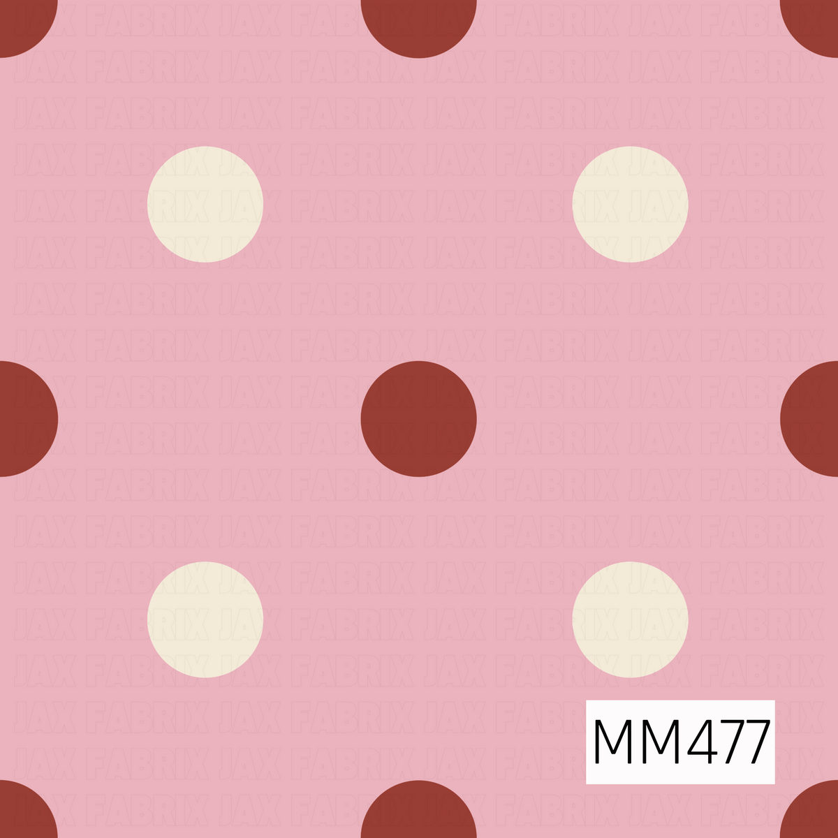 A cheerful retro-inspired polka dot pattern featuring large brick red and creamy ivory circles scattered in an alternating arrangement over a soft blush pink background. The warm, slightly muted tones give the design a sweet vintage feel while the oversized dots keep it bold, simple, and playful.