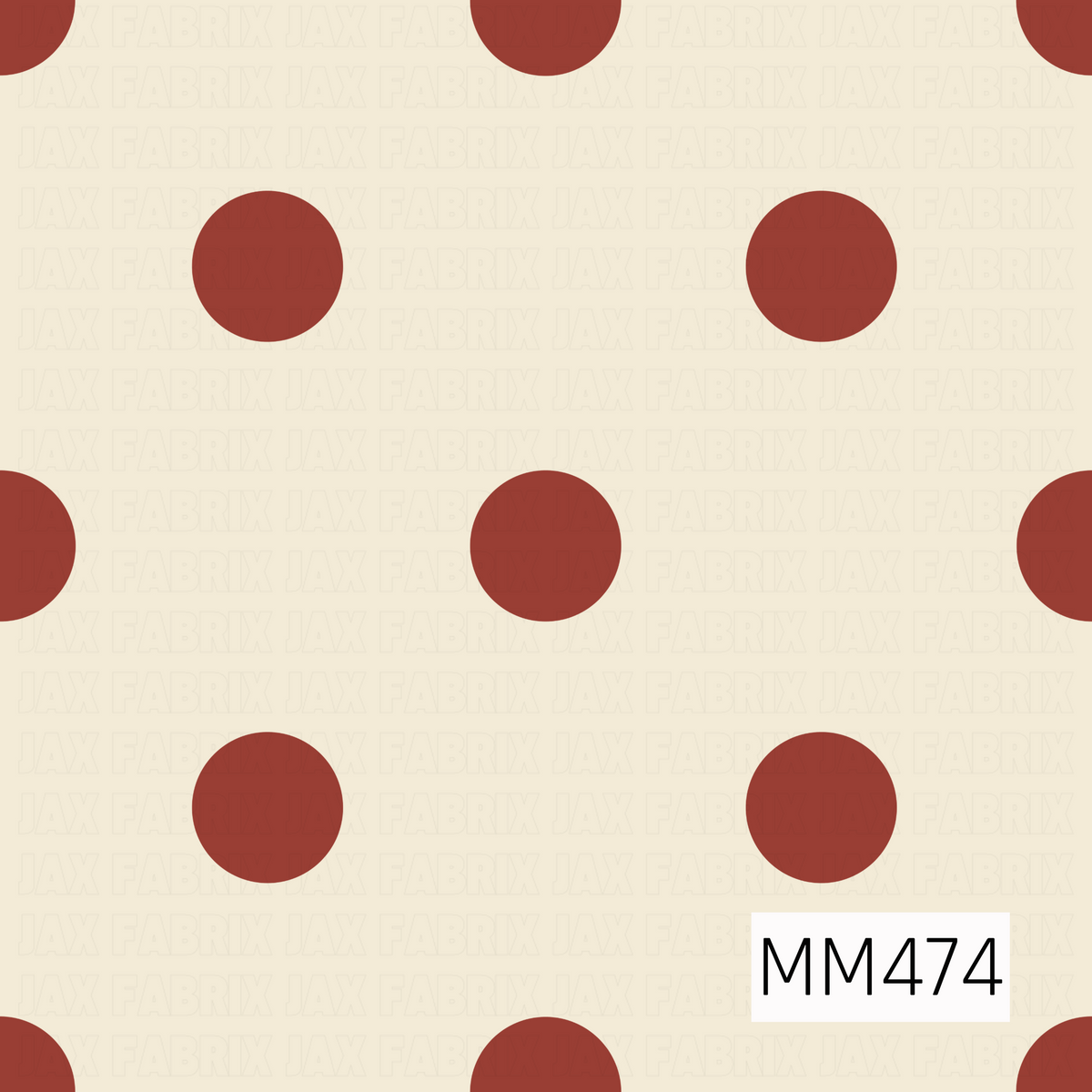 A bold, minimalist polka dot pattern featuring oversized brick red circles evenly spaced across a warm cream background. The simple layout and muted, earthy coloring give it a clean retro-inspired look.