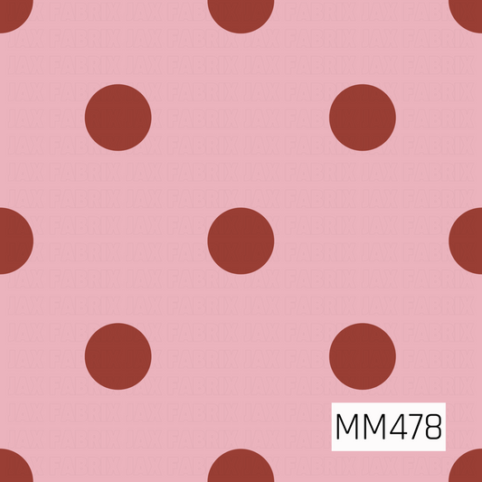 A bold retro polka dot pattern featuring oversized brick red circles evenly spaced across a soft blush pink background. The warm, muted tones and simple repeating layout give the design a playful vintage-inspired feel.