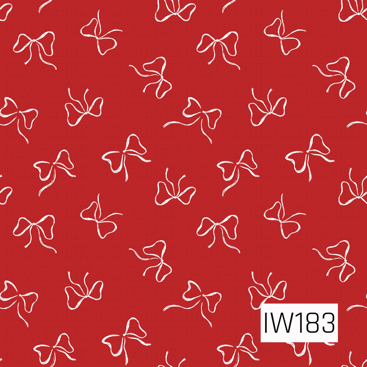 A charming bow pattern featuring delicate, hand-painted white ribbon bows scattered across a vibrant red background. Each bow has loose, flowing loops and whimsical trailing ends, giving the design a playful, feminine feel with a subtle hand-drawn texture.