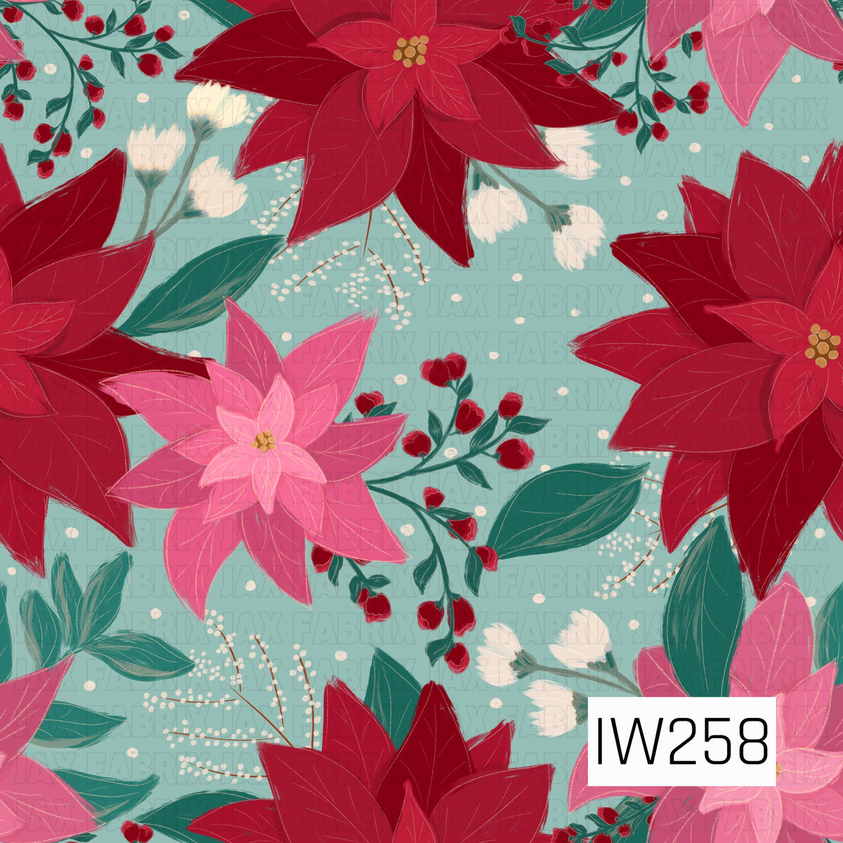 A beautiful holiday floral pattern featuring oversized deep red and vibrant pink poinsettias with delicate golden centers, surrounded by rich emerald green leaves, clusters of red berries, and soft ivory flowers. Delicate white berry sprigs and scattered dots add a whimsical touch against the soft dusty aqua blue background, creating a festive and elegant Christmas design.