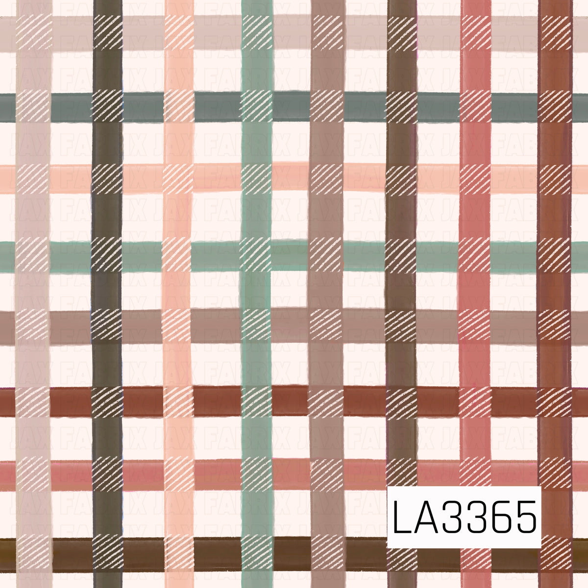 A charming hand-painted plaid featuring overlapping stripes in dusty rose, peach, sage green, warm brown, and muted terracotta on a soft ivory background. Subtle brushstroke textures and delicate white diagonal accents give this design a cozy, rustic cottage feel.