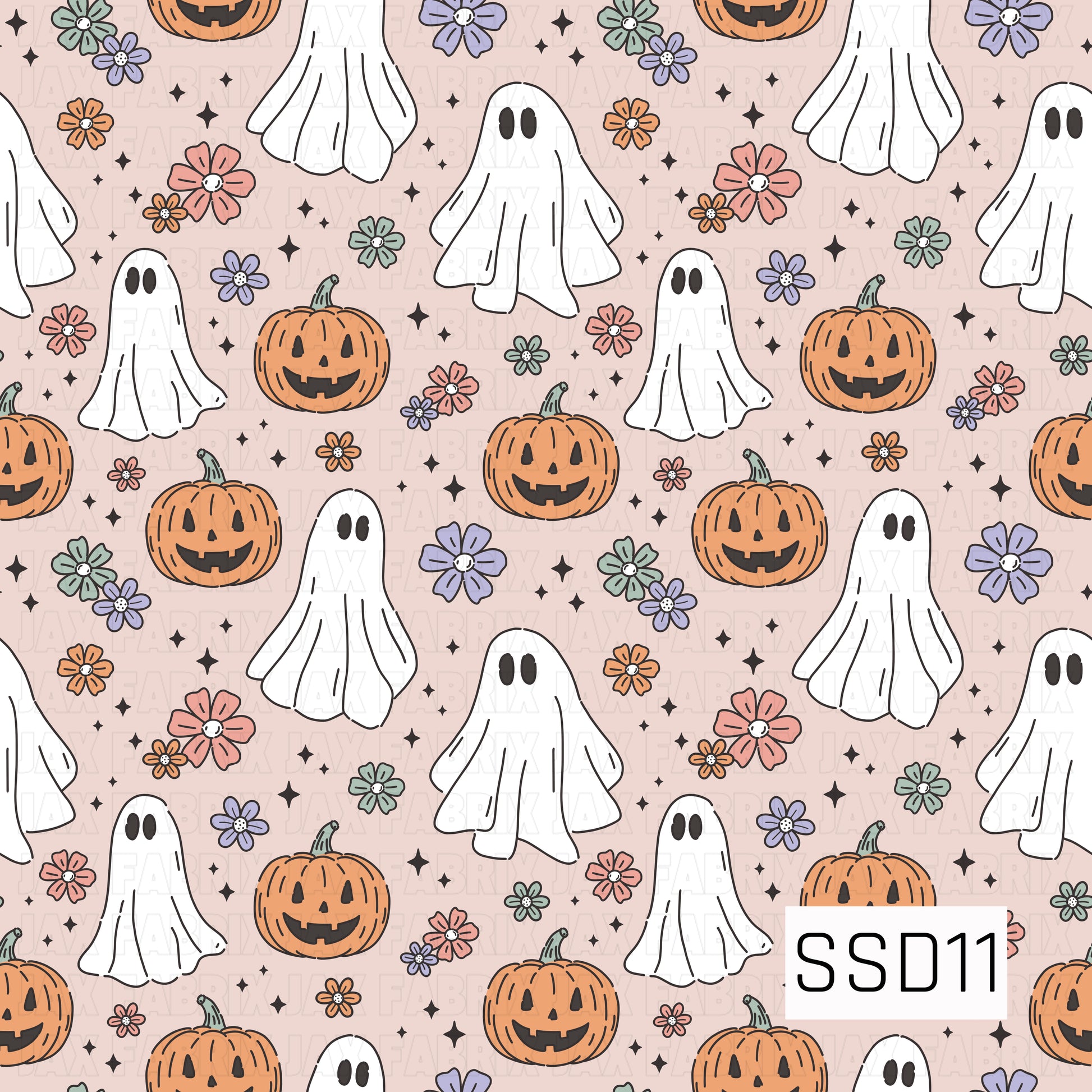 A whimsical Halloween pattern featuring friendly white ghosts, smiling orange pumpkins, coral pink, lavender, sage green, and orange florals, with black stars scattered across a soft blush pink background.
