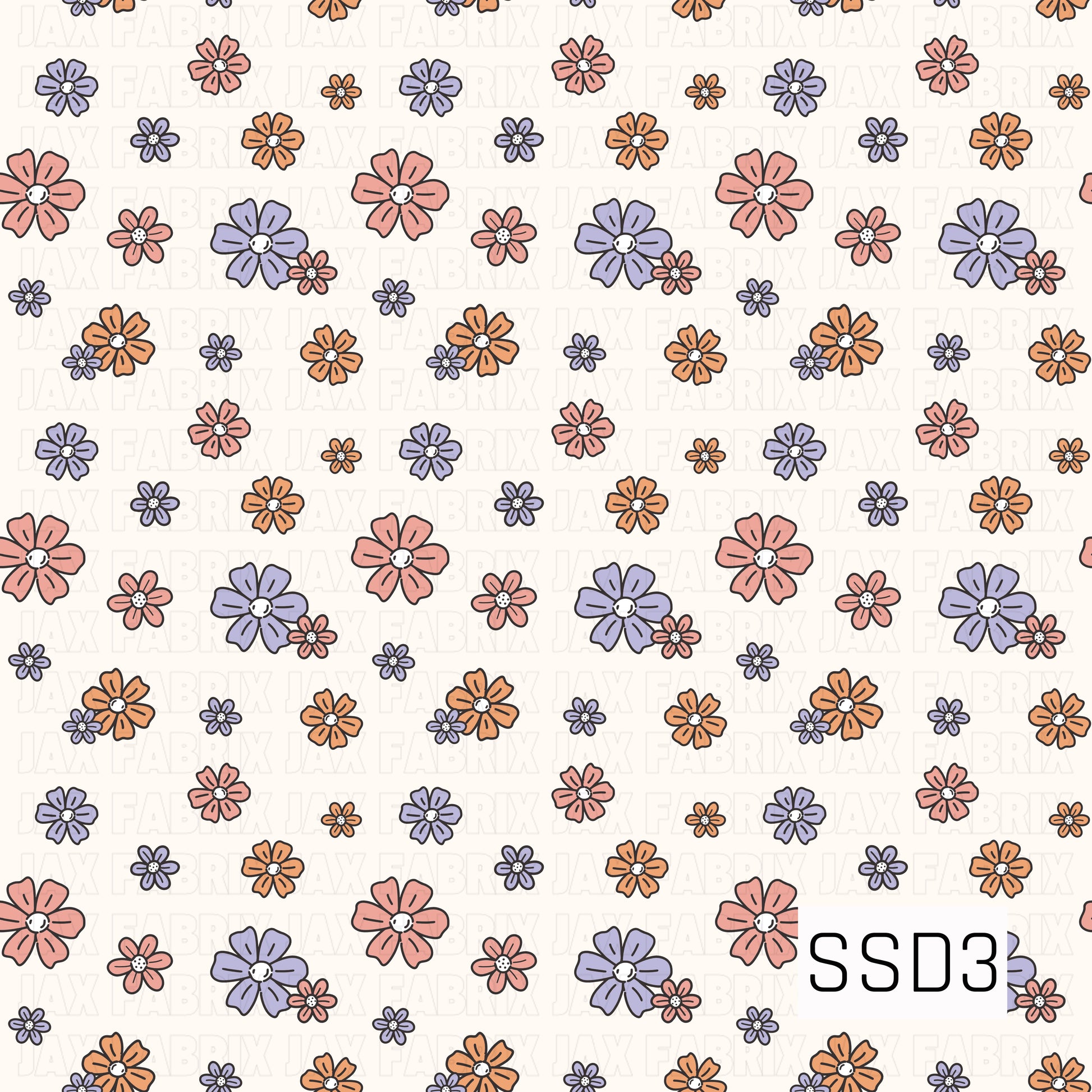 A sweet scattered floral pattern featuring hand-drawn flowers in soft coral pink, lavender, and warm orange on a creamy background. The mix of flower sizes gives it a playful, retro-inspired feel.
