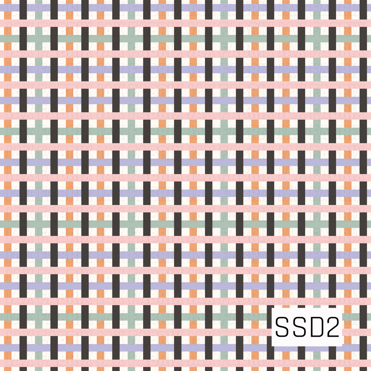 A playful woven plaid pattern featuring black, blush pink, soft orange, sage green, pale lavender, and warm cream. The overlapping horizontal and vertical lines create a fun, modern basket-weave look with a soft pastel palette.
