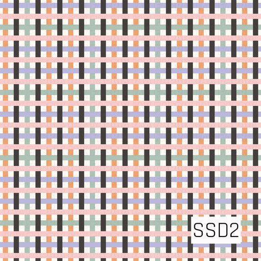 A playful woven plaid pattern featuring black, blush pink, soft orange, sage green, pale lavender, and warm cream. The overlapping horizontal and vertical lines create a fun, modern basket-weave look with a soft pastel palette.
