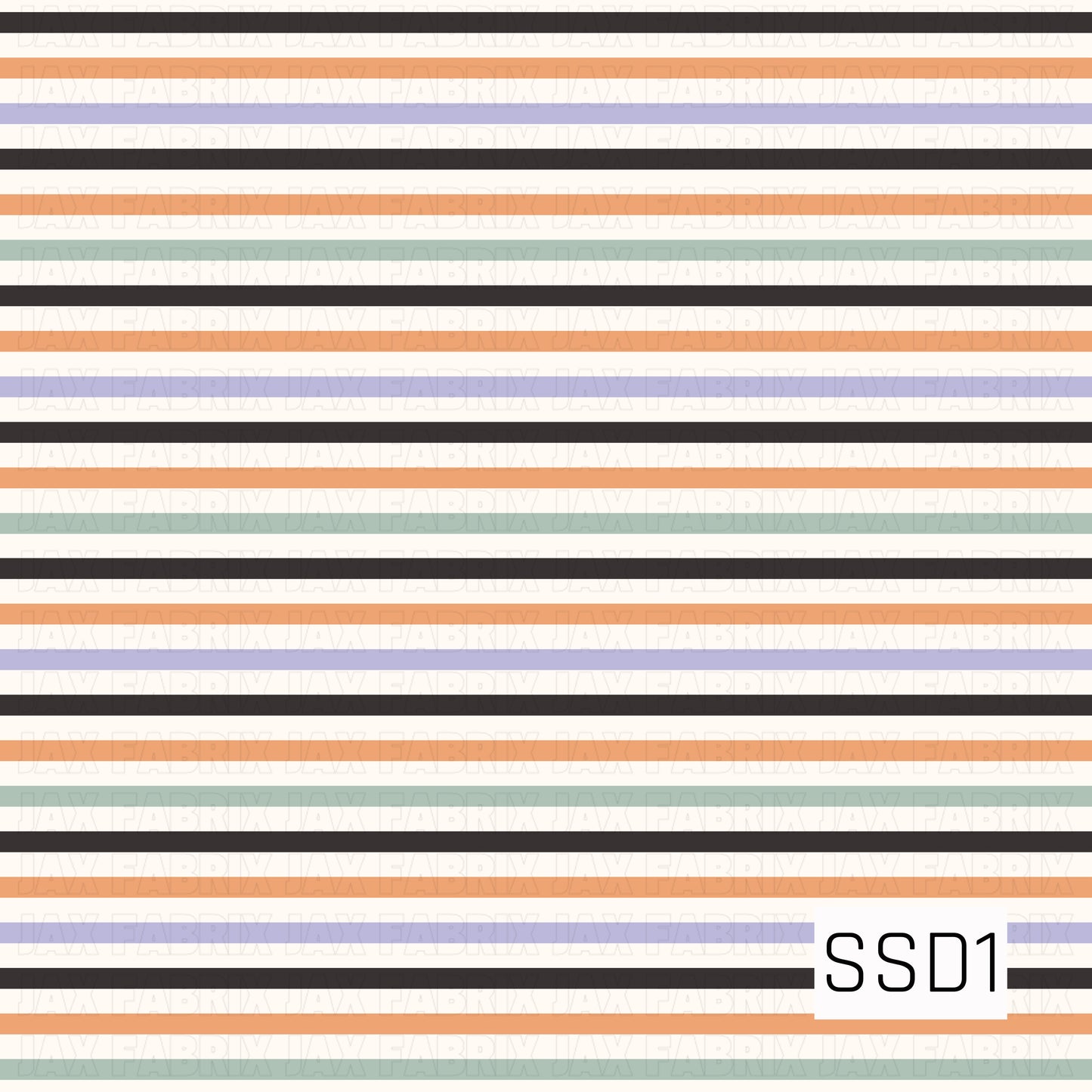A clean, minimalist horizontal stripe pattern featuring alternating thin bands of black, soft peachy orange, muted sage green, pale lavender, and warm cream**. The varied stripe thicknesses and generous cream spacing give it a modern, understated feel with a slightly retro palette.
