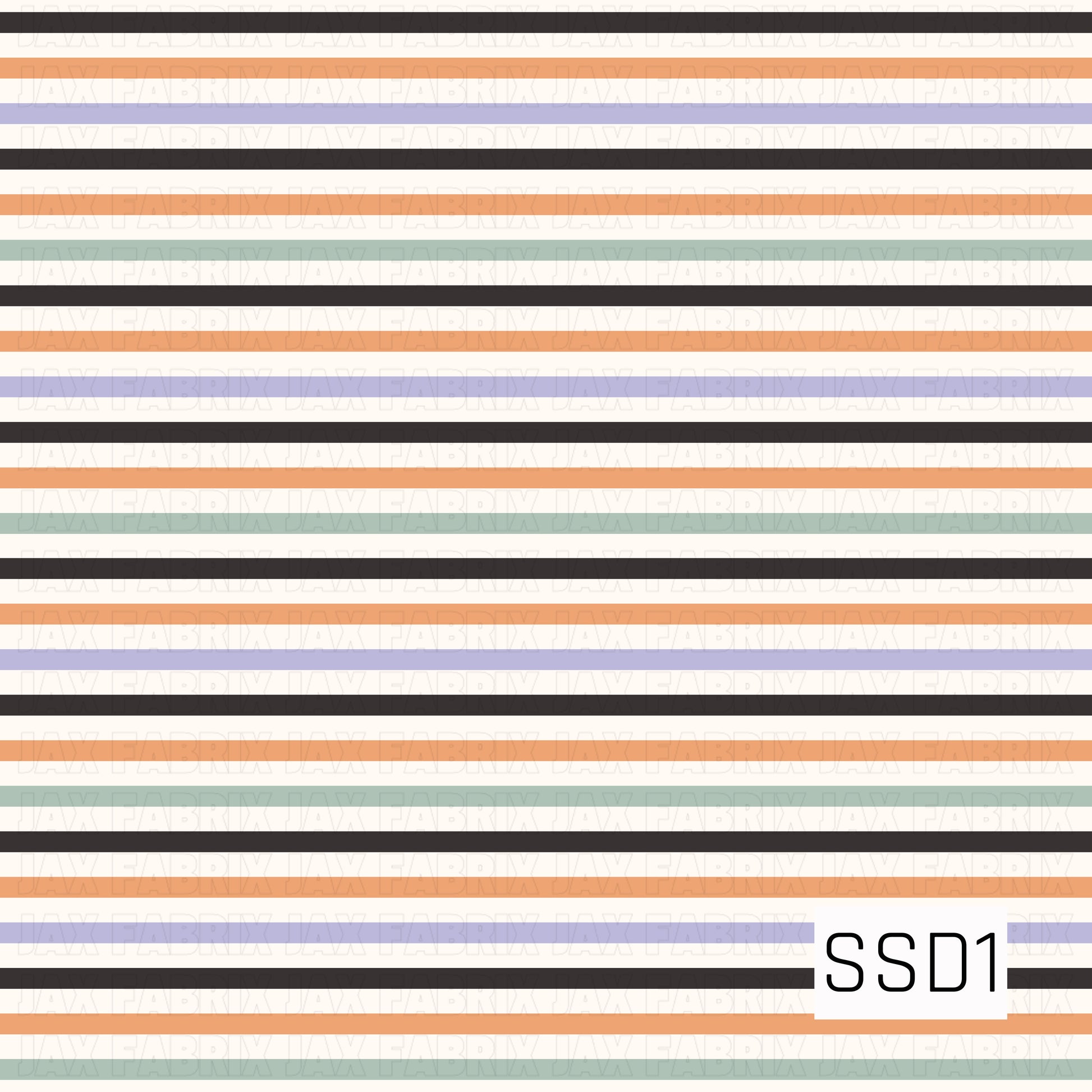 A clean, minimalist horizontal stripe pattern featuring alternating thin bands of black, soft peachy orange, muted sage green, pale lavender, and warm cream**. The varied stripe thicknesses and generous cream spacing give it a modern, understated feel with a slightly retro palette.
