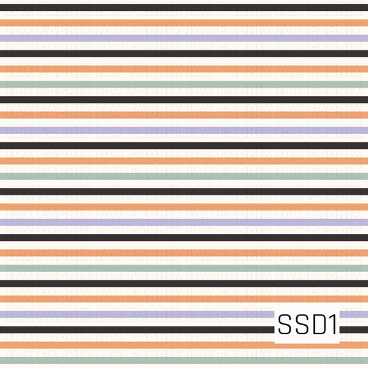 A clean, minimalist horizontal stripe pattern featuring alternating thin bands of black, soft peachy orange, muted sage green, pale lavender, and warm cream**. The varied stripe thicknesses and generous cream spacing give it a modern, understated feel with a slightly retro palette.
