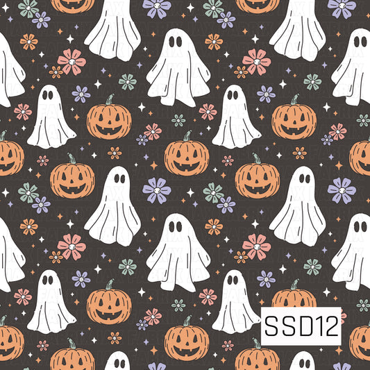 A playful retro Halloween seamless pattern featuring friendly white sheet ghosts, smiling jack-o’-lantern pumpkins, and whimsical flowers scattered across a dark charcoal background. Tiny twinkling stars and sparkles fill the spaces between the larger elements.
The palette combines warm pumpkin orange, soft coral pink, muted sage green, and pastel lavender, giving the spooky theme a cute, vintage-inspired feel. Hand-drawn black outlines and slightly imperfect shapes add a charming doodle-style finish.
