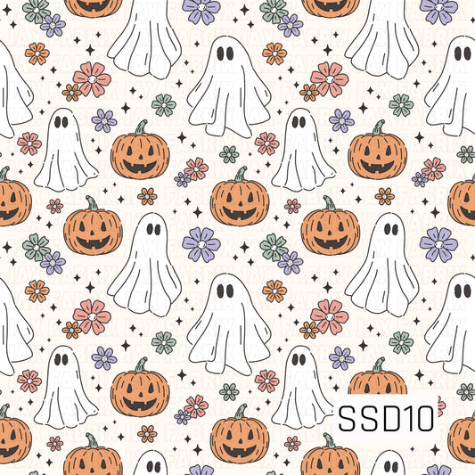 A whimsical Halloween pattern featuring friendly white ghosts, orange pumpkins, coral pink, lavender purple, sage green, and orange florals, with tiny black stars on a warm cream background.
