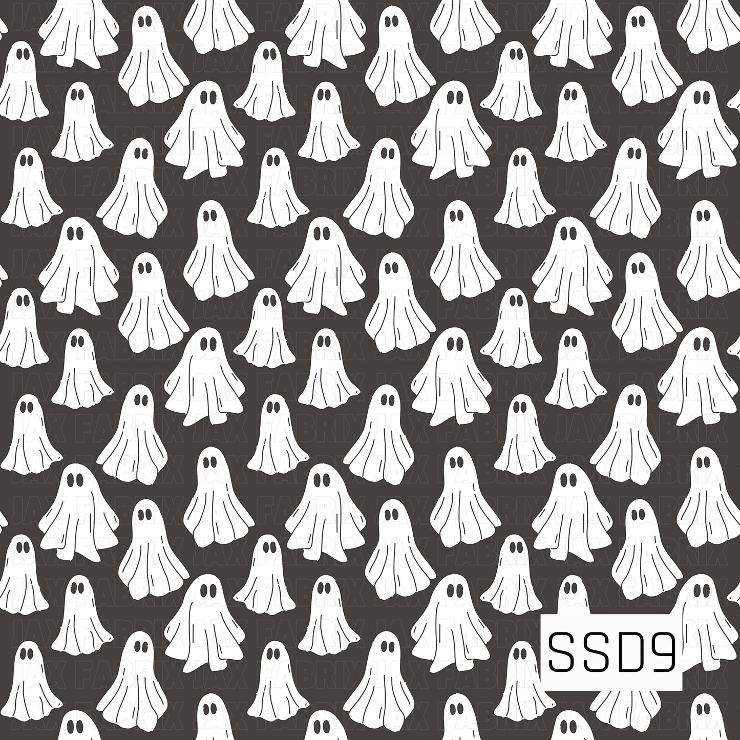 A classic Halloween pattern featuring cute white sheet ghosts scattered across a dark charcoal background.
