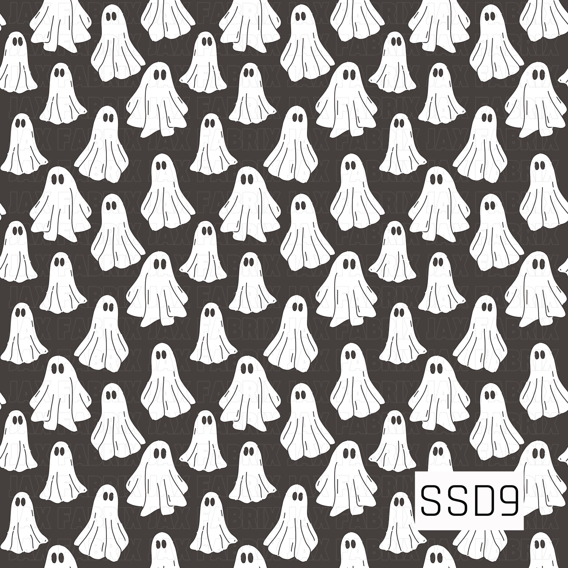 A classic Halloween pattern featuring cute white sheet ghosts scattered across a dark charcoal background.
