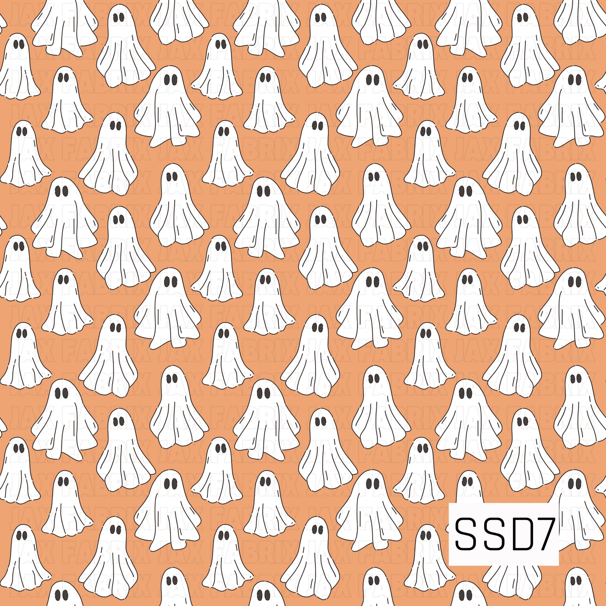A playful Halloween pattern featuring cute white sheet ghosts with simple black eyes scattered across a warm orange background.
