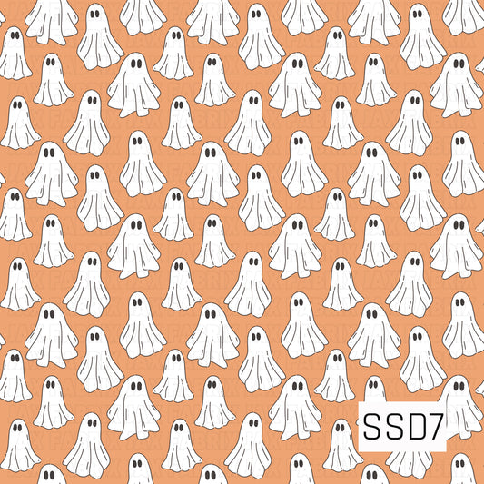 A playful Halloween pattern featuring cute white sheet ghosts with simple black eyes scattered across a warm orange background.
