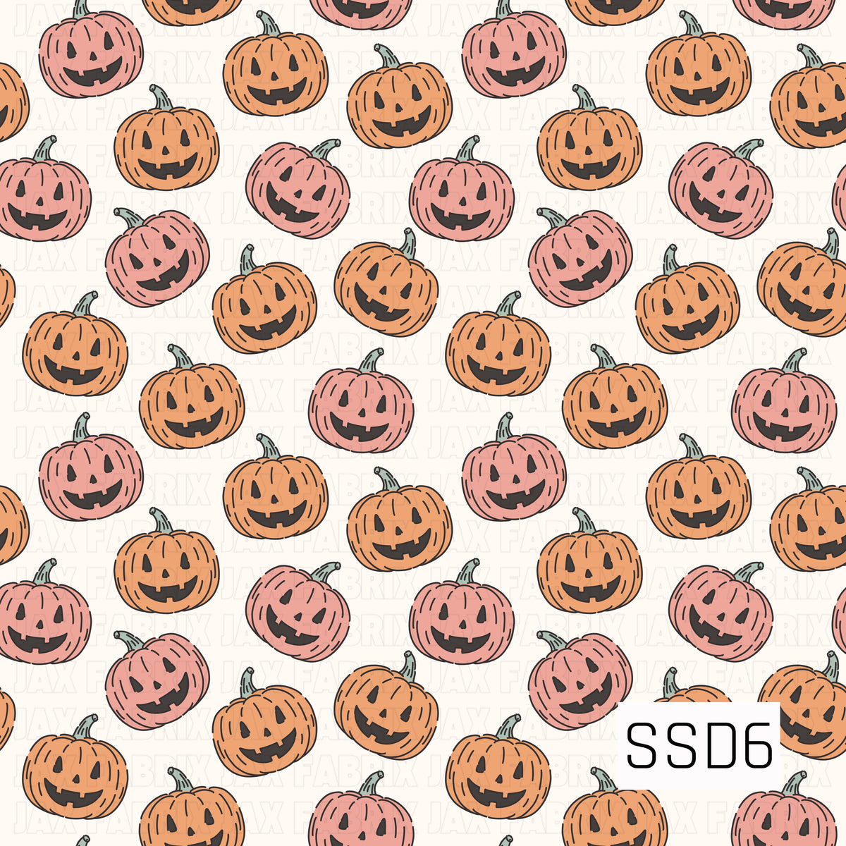 A playful Halloween pattern featuring smiling jack-o’-lanterns in soft orange and coral pink with muted green stems. The pumpkins are scattered across a warm cream background for a cute, simple spooky-season look.
