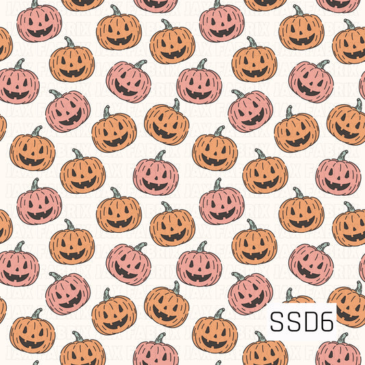 A playful Halloween pattern featuring smiling jack-o’-lanterns in soft orange and coral pink with muted green stems. The pumpkins are scattered across a warm cream background for a cute, simple spooky-season look.
