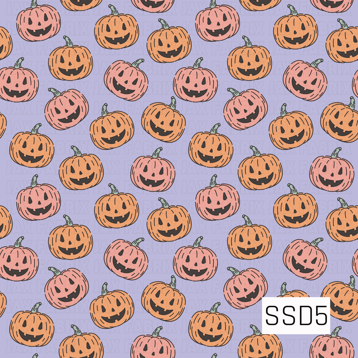 A playful Halloween pattern featuring smiling jack-o’-lanterns in soft orange and coral pink with muted green stems. The pumpkins are scattered across a pale lavender background for a cute, whimsical spooky-season look.
