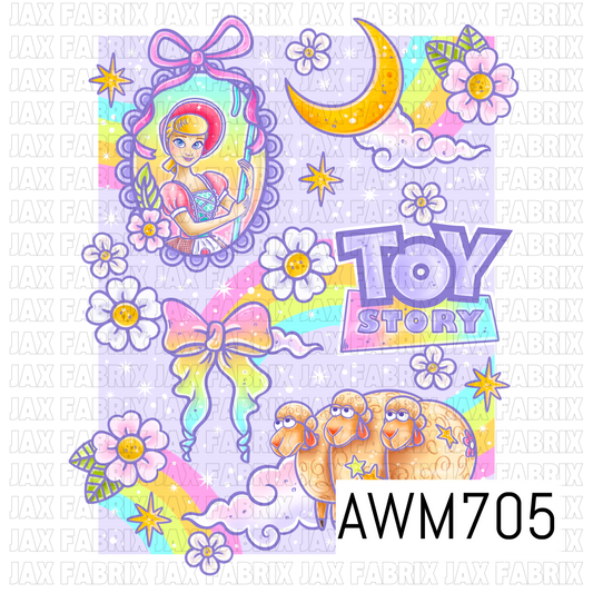 A colorful storybook-inspired PNG featuring a blonde shepherdess, three sheep, pastel rainbows, crescent moon, oversized bow, daisies, stars, clouds, and playful “Toy Story” lettering. Soft lavender, pink, aqua, yellow, and lime tones give the design a bright, whimsical retro feel.