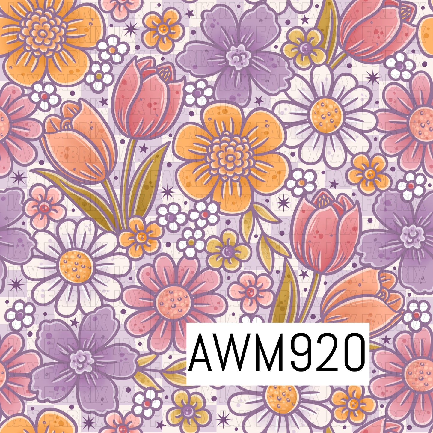 This file features a soft retro floral pattern with an elegant mix of daisies, tulips, and blooming flowers in pastel shades of lavender, pink, peach, yellow, and white. The flowers are layered over a subtle lavender checker-print background, accented with delicate leaves, tiny blossoms, and scattered starbursts that enhance the vintage-inspired aesthetic. The gentle color palette and whimsical garden motifs create a charming cottagecore feel.