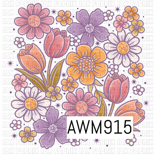 A whimsical retro floral design featuring a collection of hand-drawn flowers and tulips in soft pastel shades of lavender, blush pink, peach, golden yellow, and white. The artwork includes large daisies, blooming flowers, delicate blossoms, and stylized tulips with layered petals and subtle decorative details. Purple outlines, scattered starbursts, and tiny floral accents add a playful vintage-inspired charm, all arranged on a transparent background for a cheerful spring aesthetic.